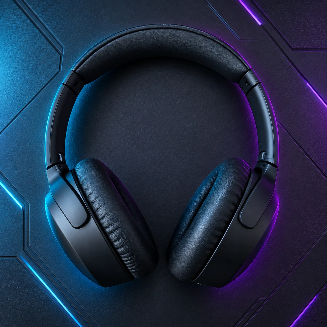 Los mismos audífonos negros en un estudio gamer con luces neón