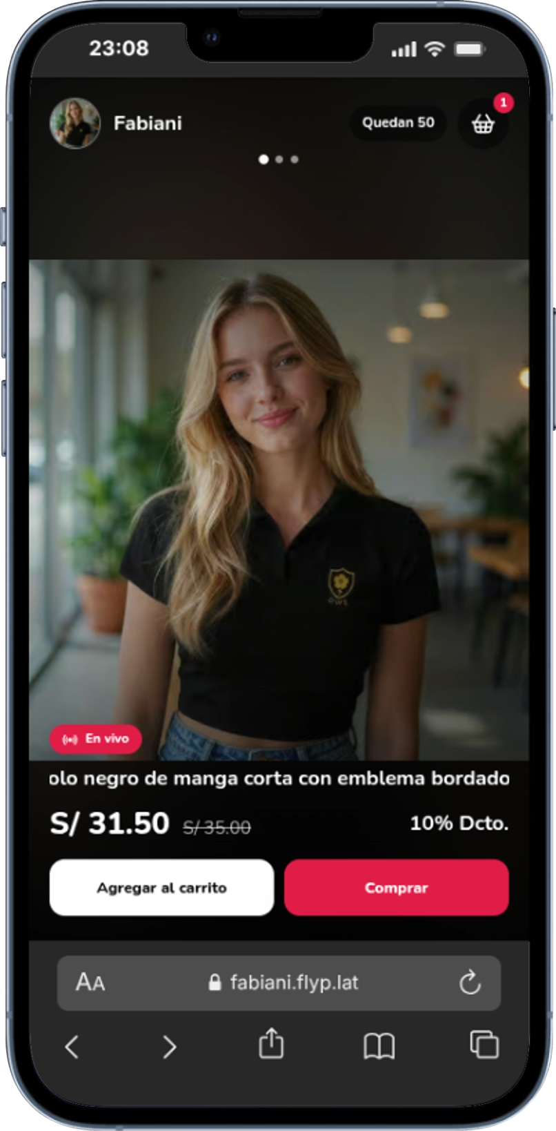 Página pública de FLYP durante un live, con producto, descuento y opciones de compra