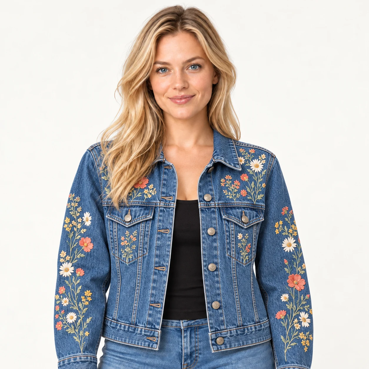 La modelo usando una casaca jean bordada con flores en una fotografía de catálogo